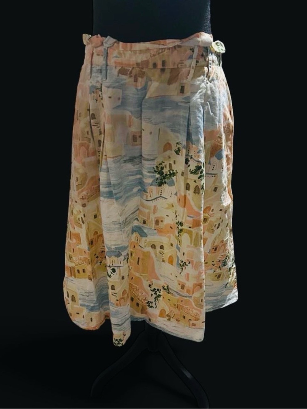 Her Destiny Mediterranean Scenic Print Pleated Paperbag Skirt - Petite Large